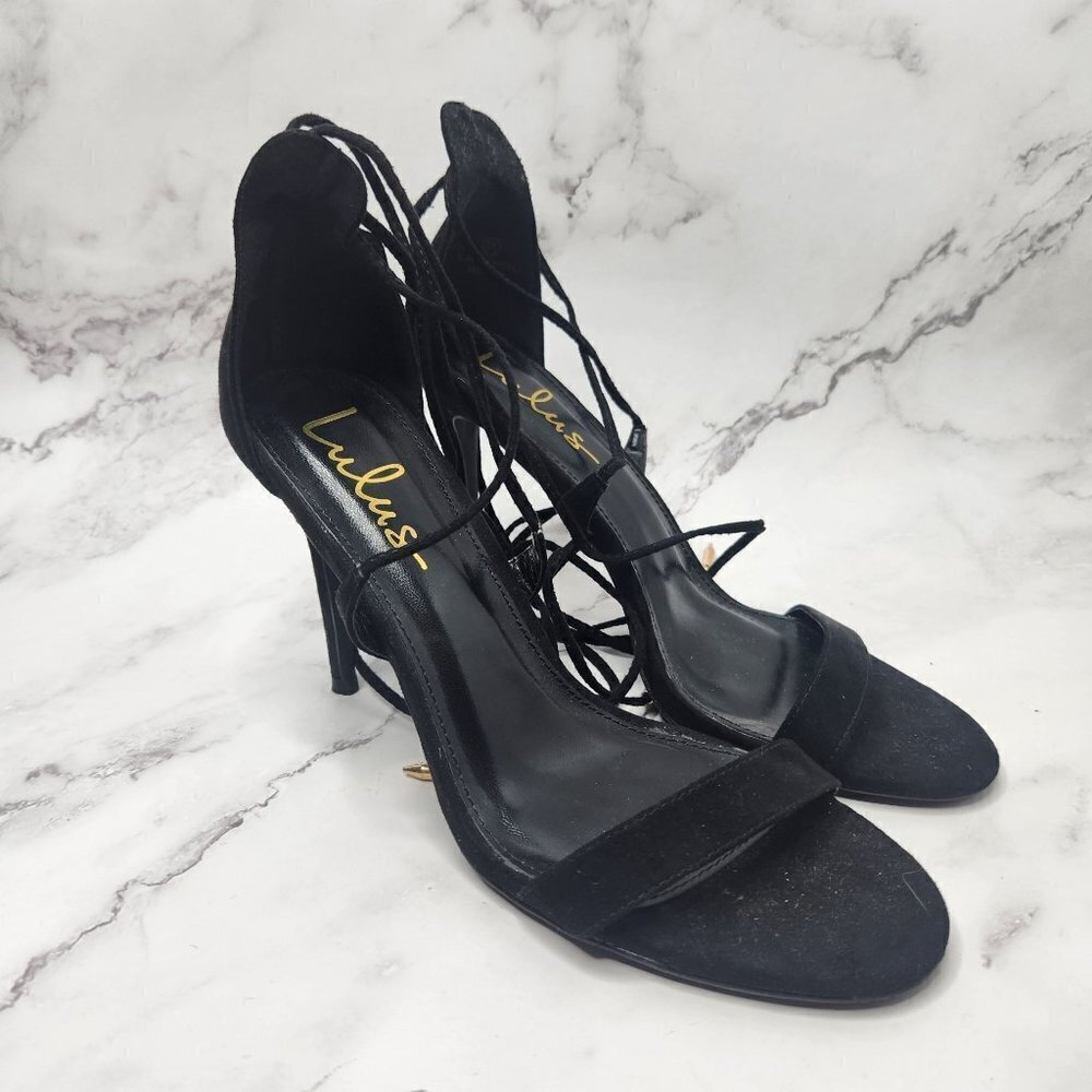 Lulus Faux Suede Black Lace Up Open Toe Stilleto Heels Women's 8.5